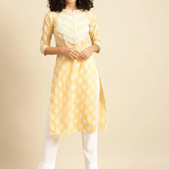 anayna Women Yellow & White Ethnic Motifs Screen Print Cotton Pastel Kurta
