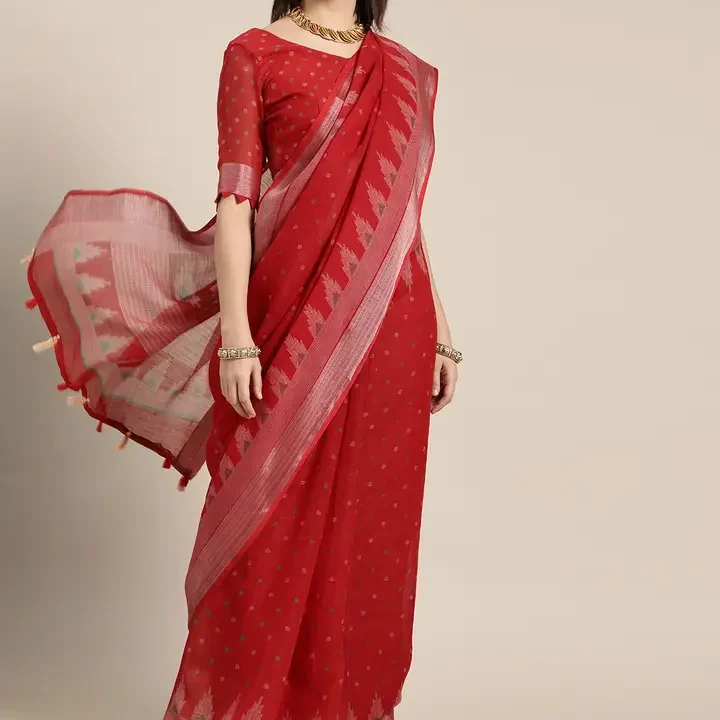 Saree Mall Blazing Red Linen Blend Saree