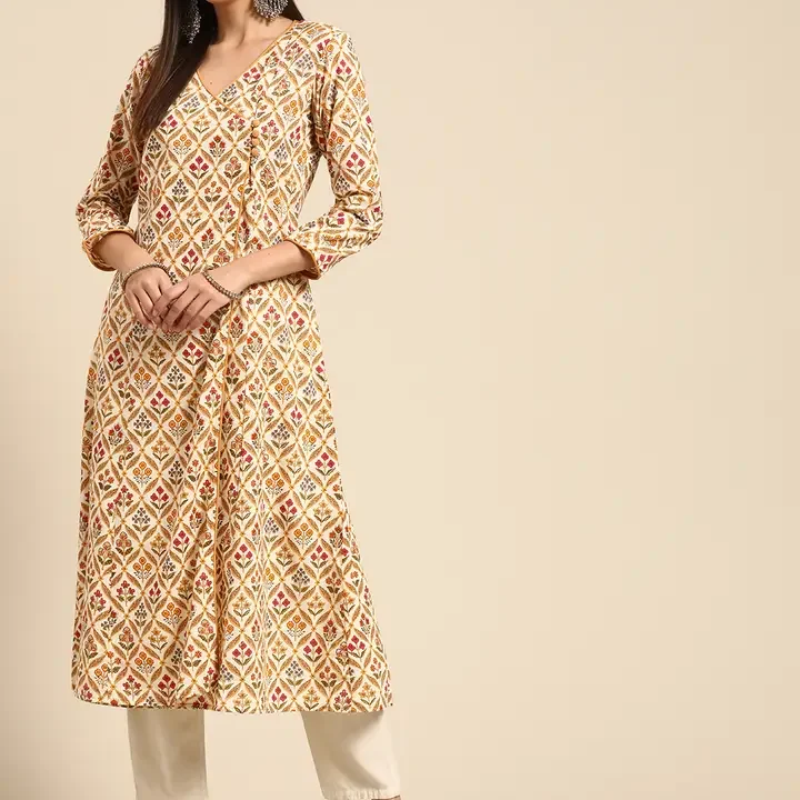 anayna Women White & Beige Pure Cotton Ethnic Motifs Printed Angrakha Kurta