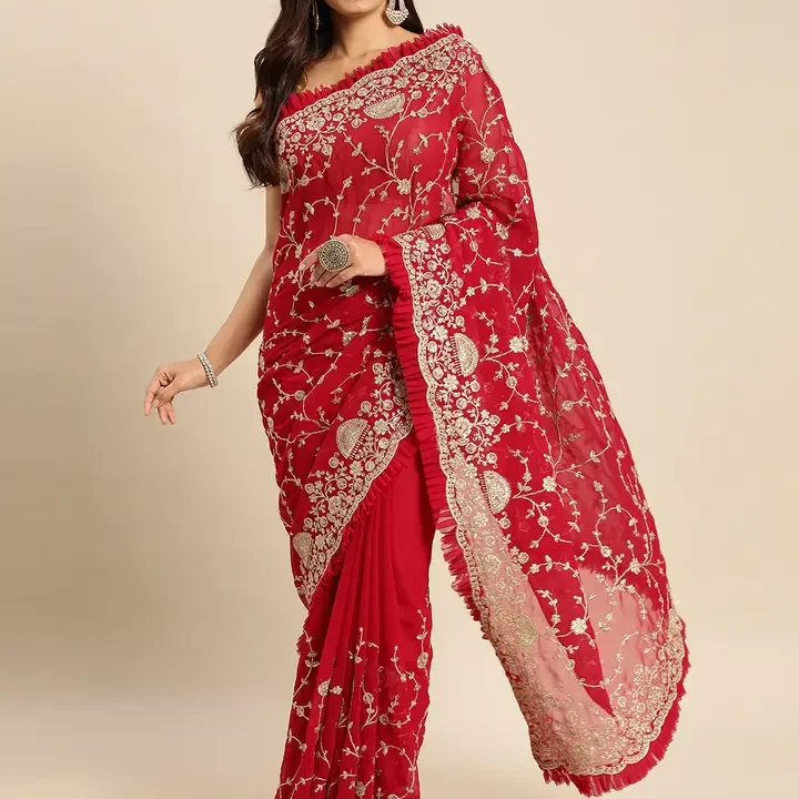 kasee Floral Zari Pure Georgette Saree, Red