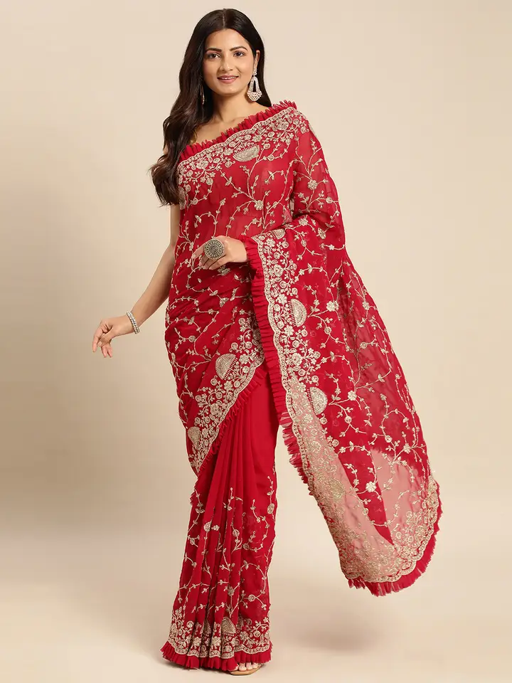 kasee Floral Zari Pure Georgette Saree, Red