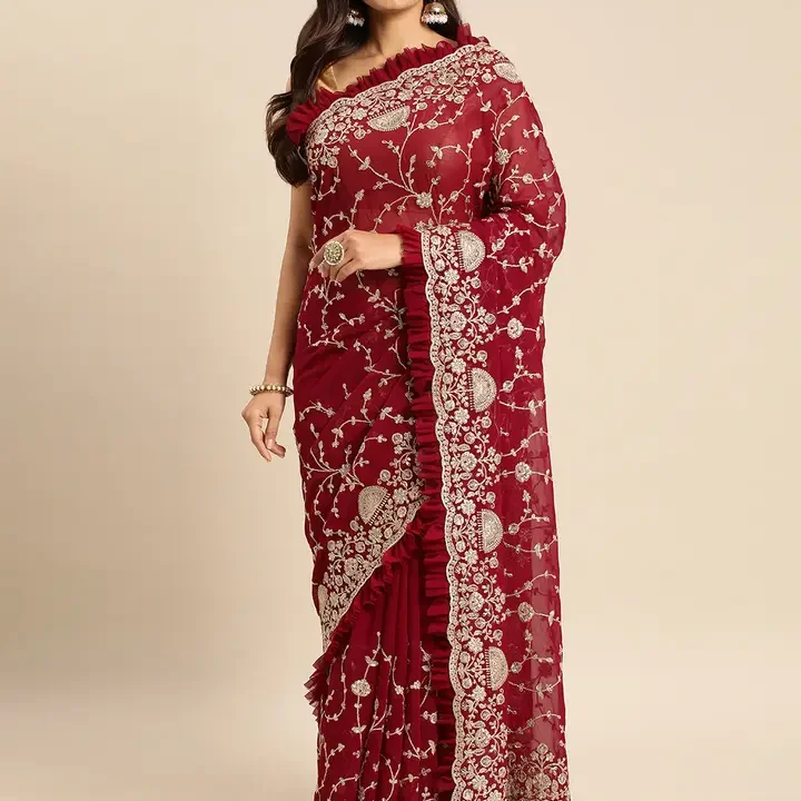 kasee Floral Zari Pure Georgette Saree, Burgundy