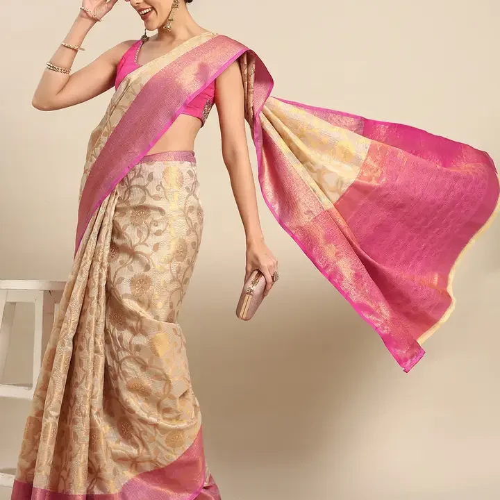 Silk Land Floral Zari Tissue Mysore Silk Saree, Pink