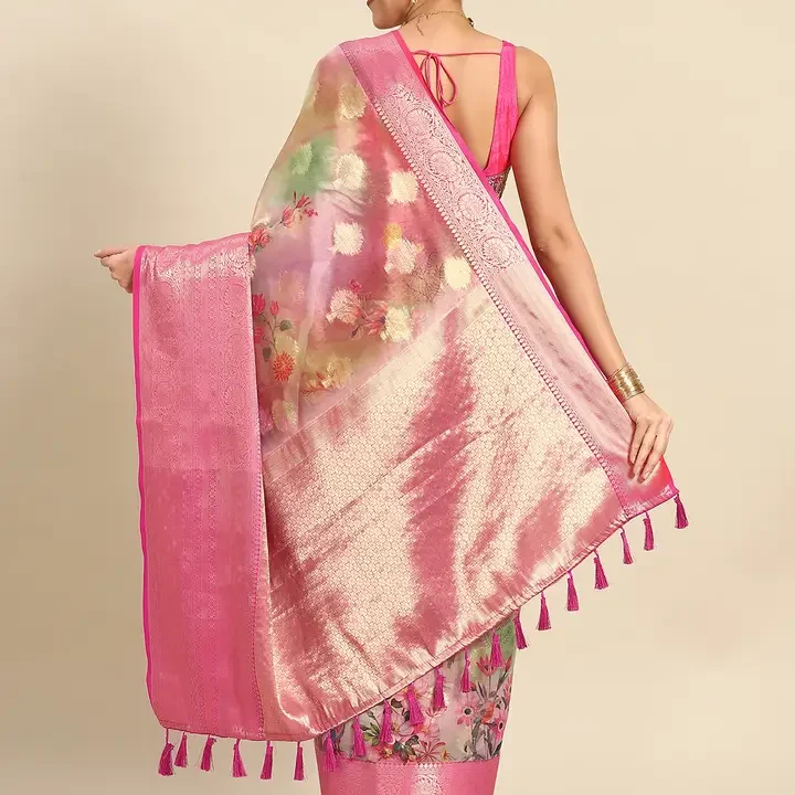 Silk Land Woven Floral Art Silk Chanderi Digital Print Saree, Multi