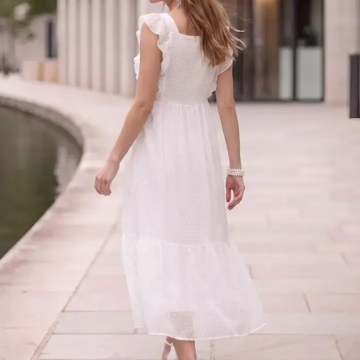 aayu Self Design Ruffles Detail Flounce Georgette Midi Fit & Flare Dress, White