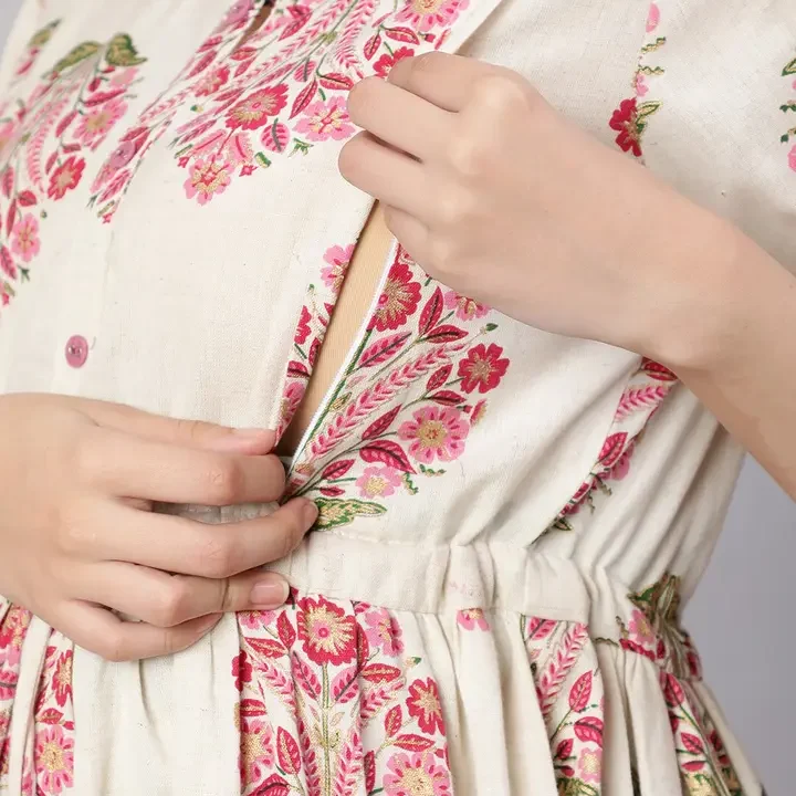 Nayo Off White Floral Printed Round Neck Tie Up Cotton Fit & Flare Maternity Dress