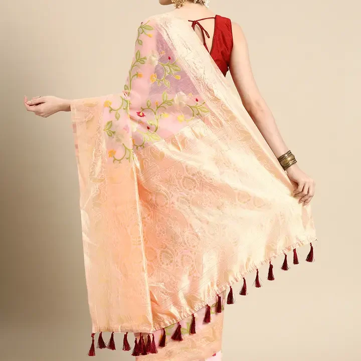 Silk Land Floral Phulkari Cotton Jamdani Saree, Pink