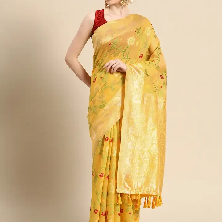 Silk Land Floral Zari Cotton Jamdani Saree, Yellow