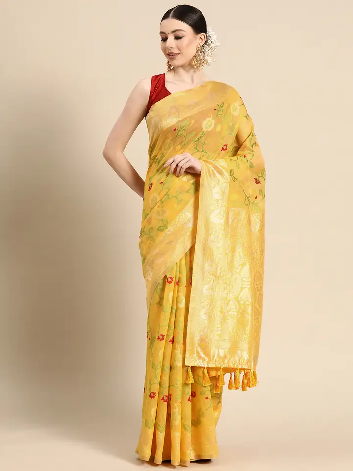 Silk Land Floral Zari Cotton Jamdani Saree, Yellow
