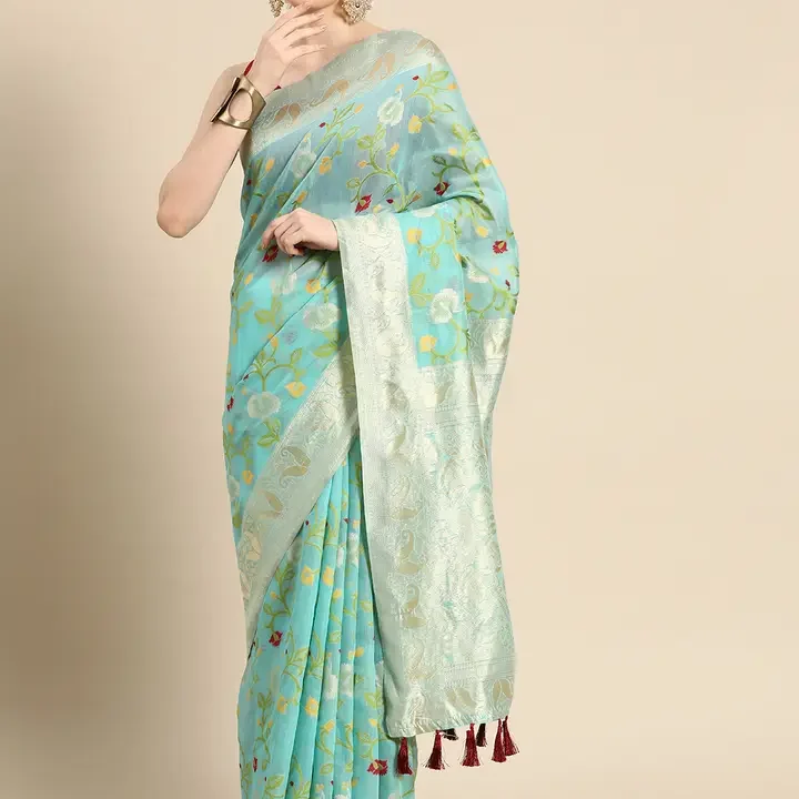 Silk Land Floral Zari Cotton Jamdani Saree, Turquoise Blue