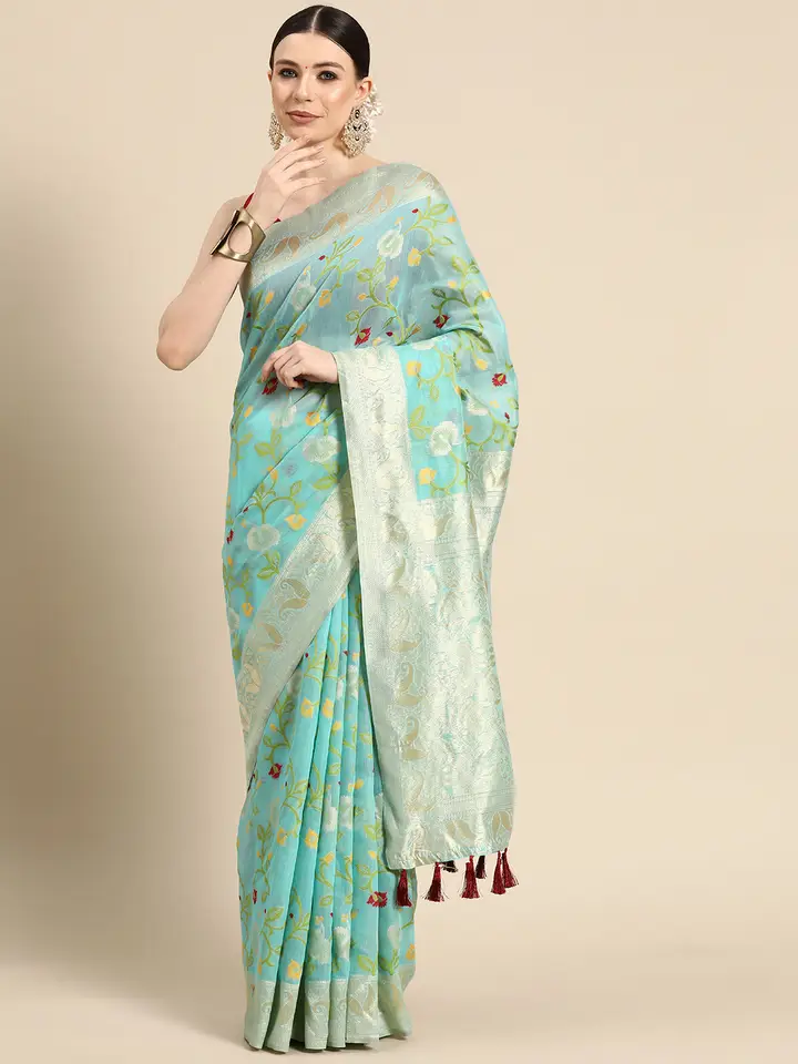 Silk Land Floral Zari Cotton Jamdani Saree, Turquoise Blue