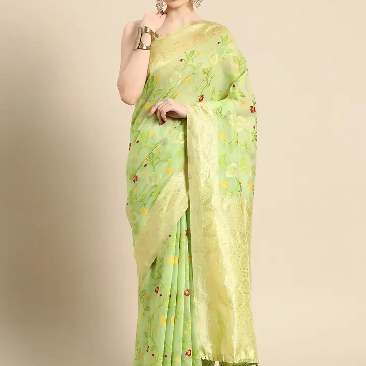 Silk Land Floral Zari Cotton Jamdani Saree, Green