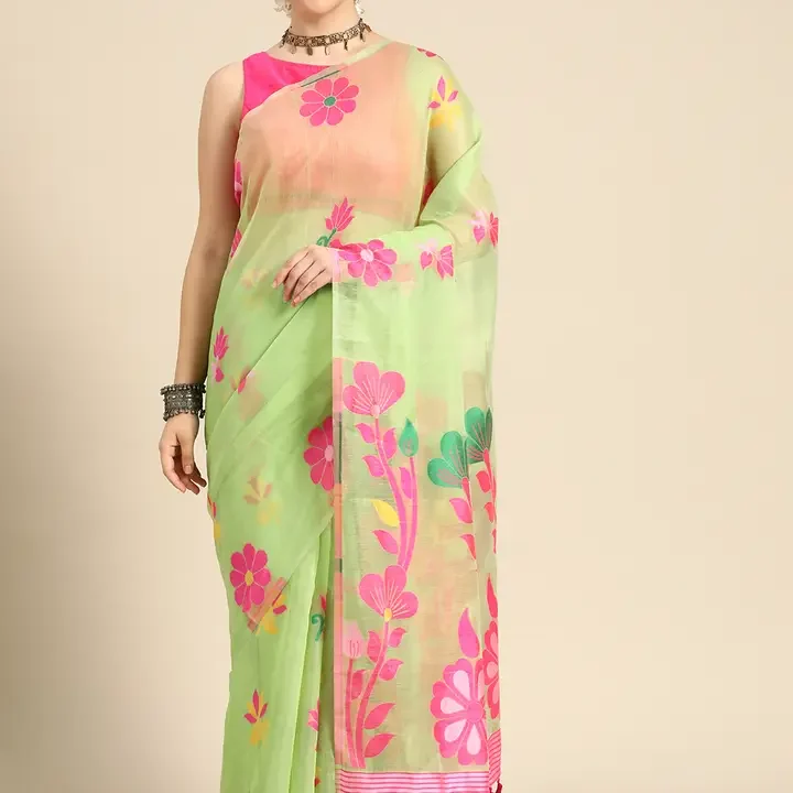 Silk Land Floral Phulkari Cotton Jamdani Saree, Green