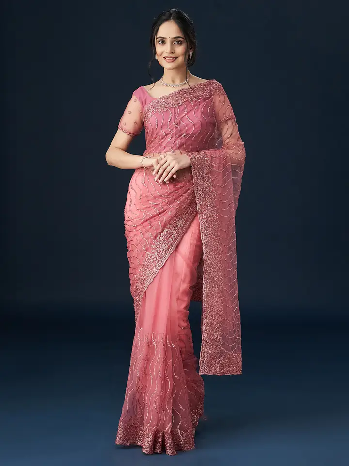 kasee Floral Embroidered Saree, Pink