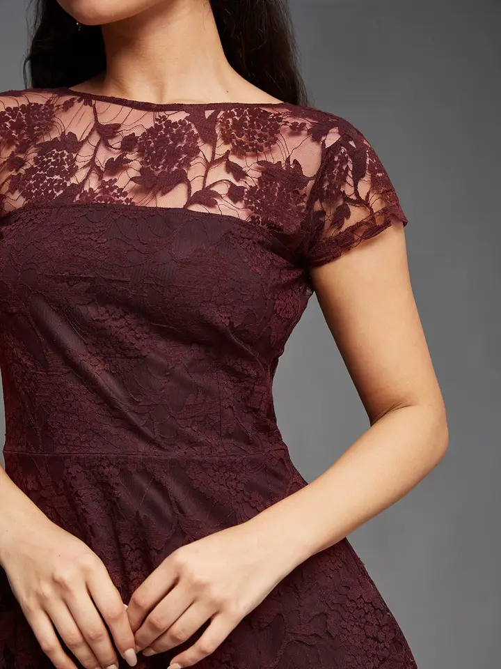 Miss Chase Women Round Neck Cap Sleeves Lace Knee-Length Skater Dress, Maroon