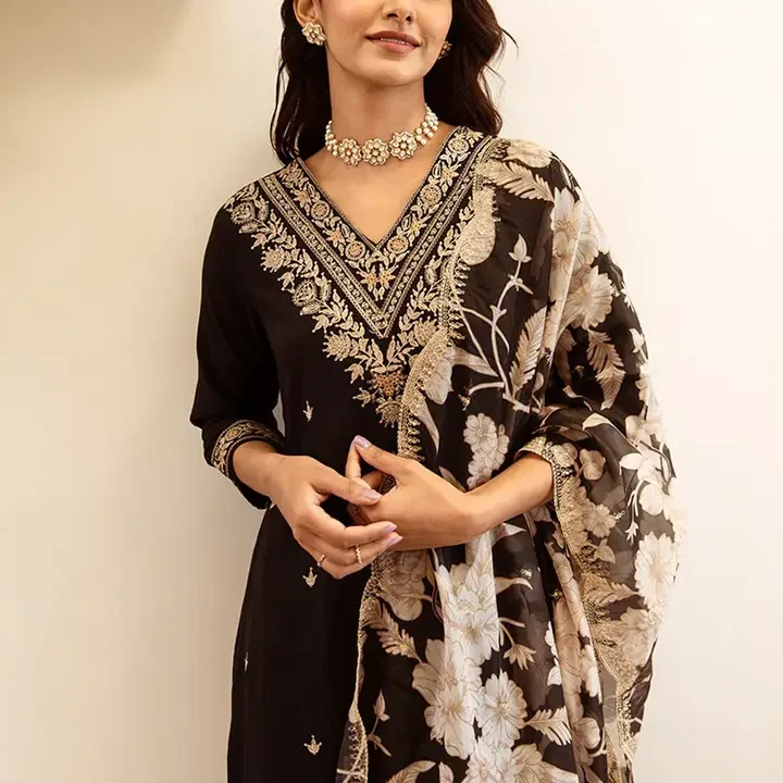 Indo Era Ethnic Motifs Embroidered Regular Thread Work Kurta with Salwar & Dupatta, Black