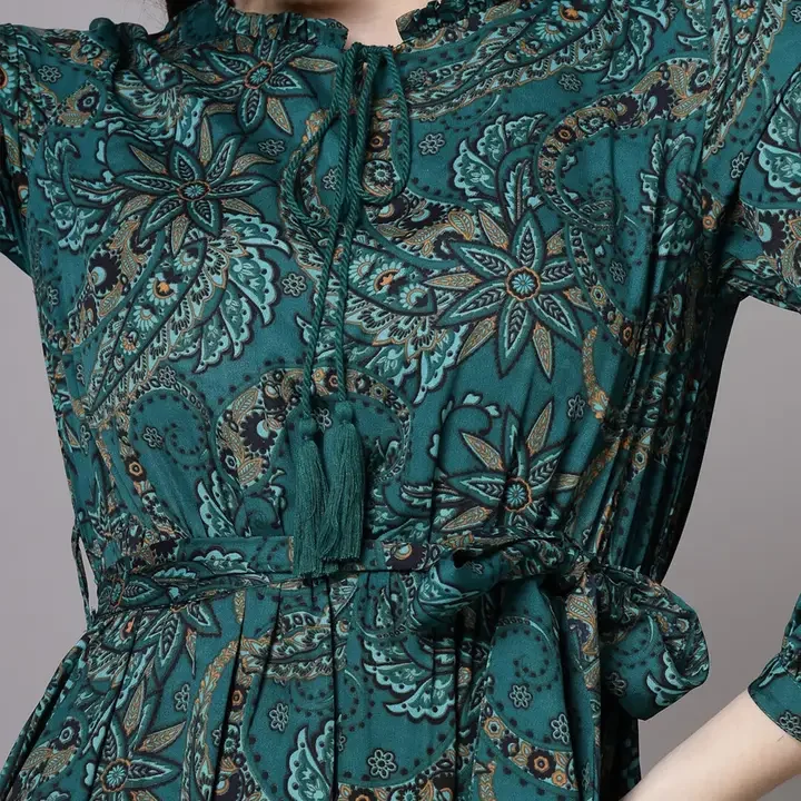 aayu Floral Printed Mandarin Collar Cuffed Sleeves Maxi Dress, Green