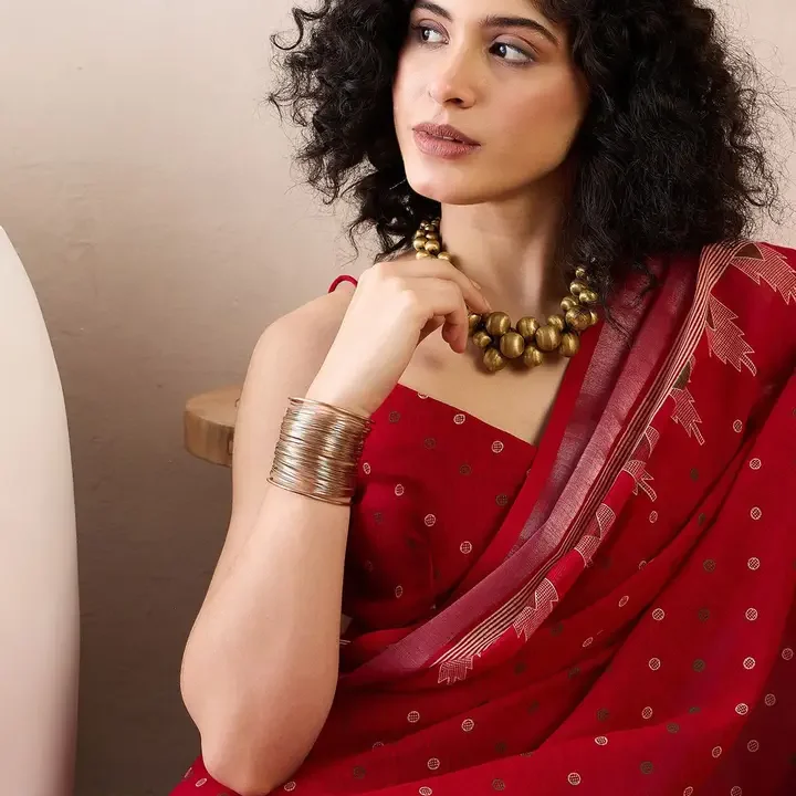 Saree mall Ready to wear Ethnic Motifs Zari Linen Blend Bagru Sarees, Red