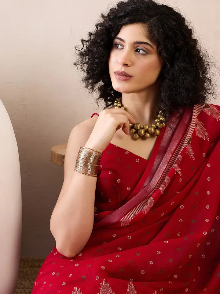 Saree mall Ready to wear Ethnic Motifs Zari Linen Blend Bagru Sarees, Red