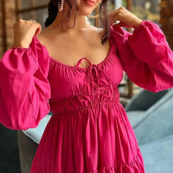 TANDUL Puff Sleeve Fit & Flare Dress, Pink