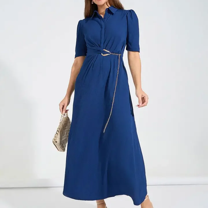 Styli A-Line Maxi Shirt Dress with Belt Detail, Navy Blue