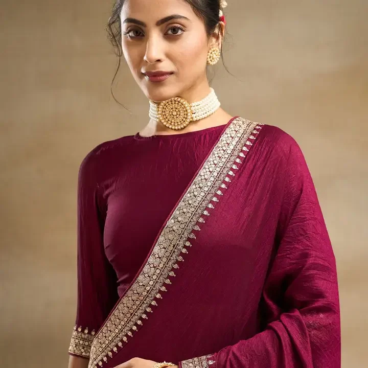 kasee Embroidered Saree, Burgundy