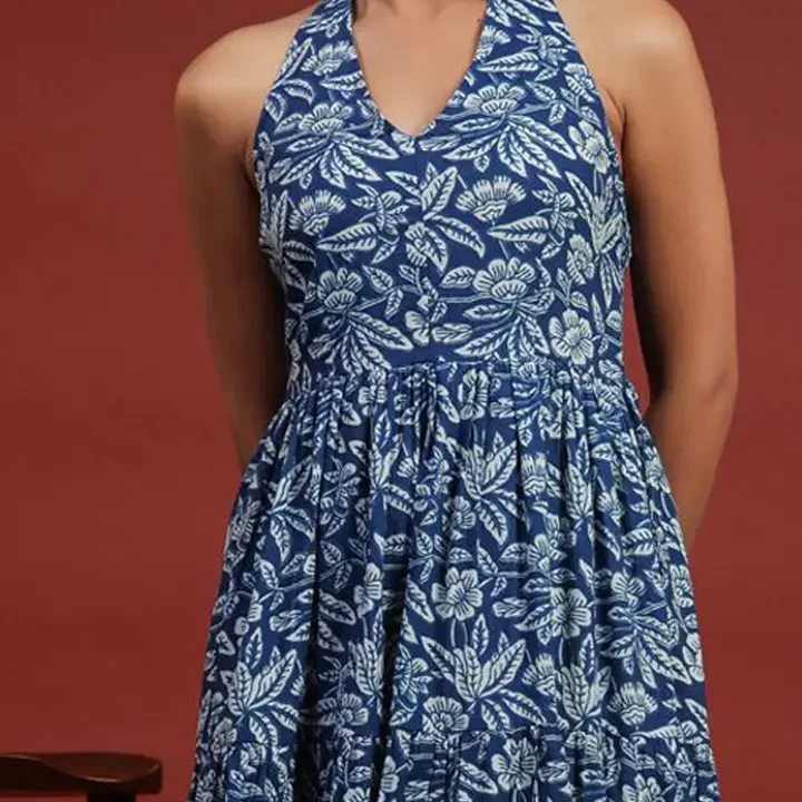 anayna Printed Halter Neck Dress, Blue