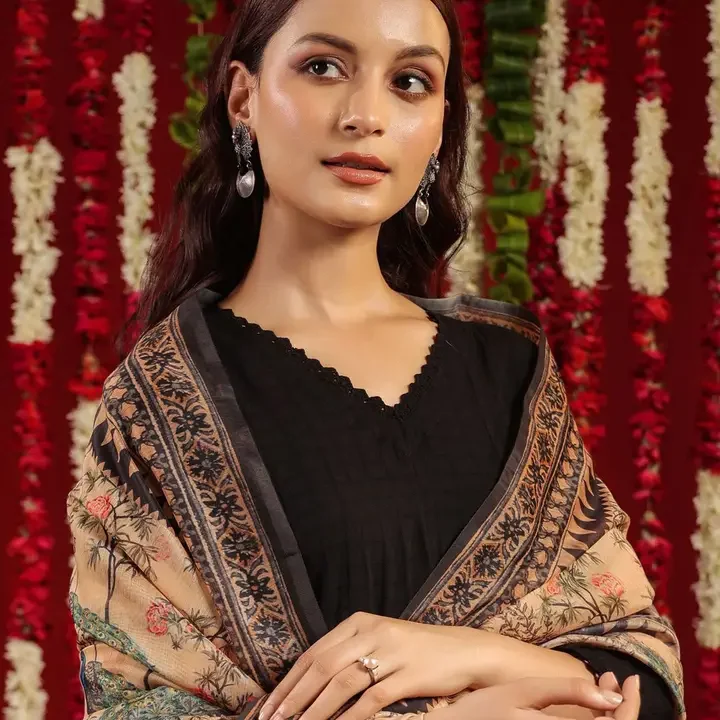 anayna Black & Orange Geometric Woven Design Cotton Anarkali Kurta with Trousers & Dupatta