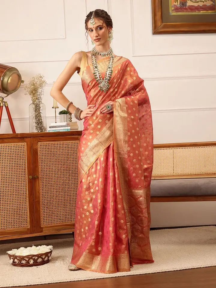Silk Land Woven Design Zari Kanjeevaram Saree with blouse piece, Pink