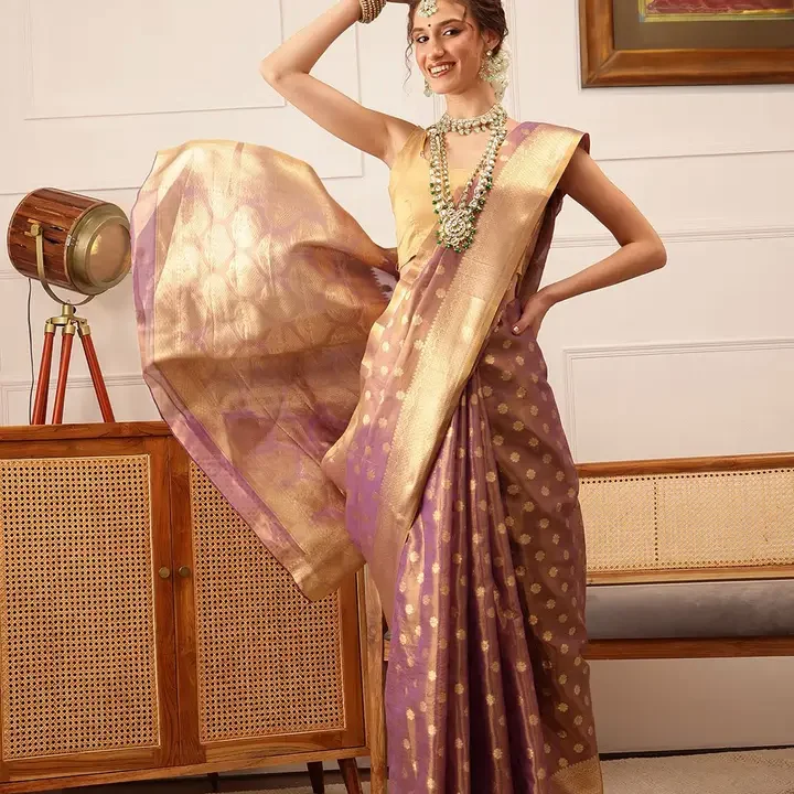 Silk Land Women Woven Design Floral Printed Kanjeevaram Saree, Purple