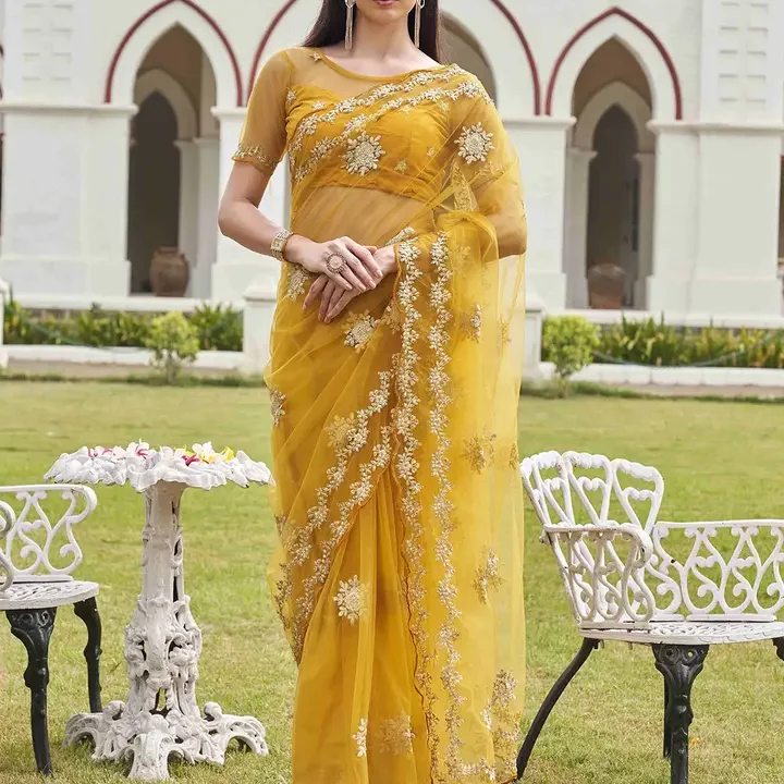 Tikhi Imli Embellished Embroidered Net Saree, Mustard