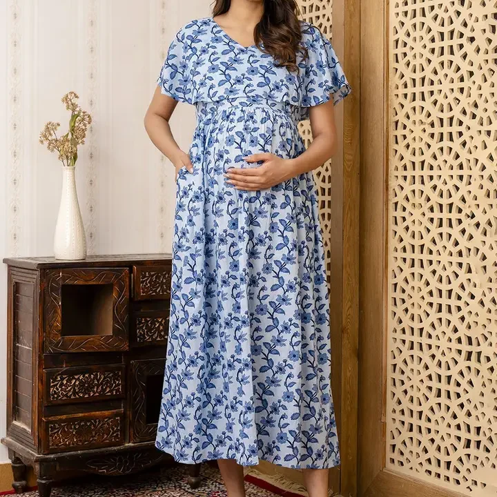 Nayo Floral Printed Maternity Maxi Dress, Blue