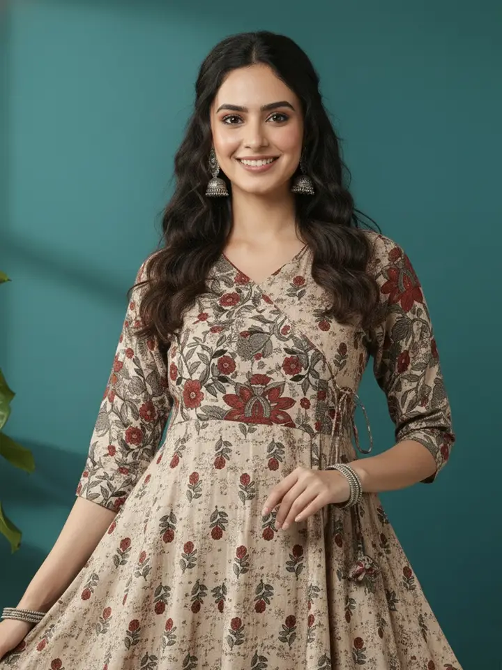 Sa Rasa Floral Printed Angrakha Anarkali Kurta, Brown