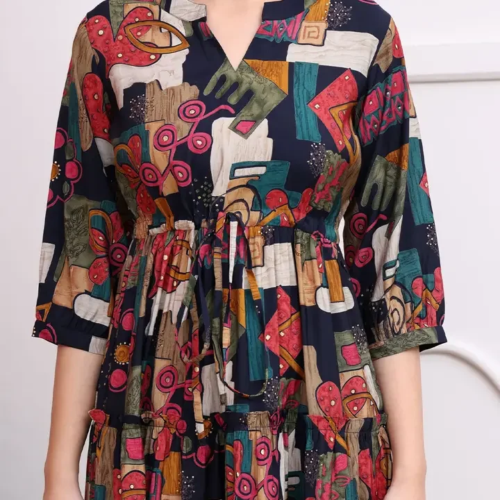 Claura Women Abstract Printed Mandarin Collar A-Line Dress, Black