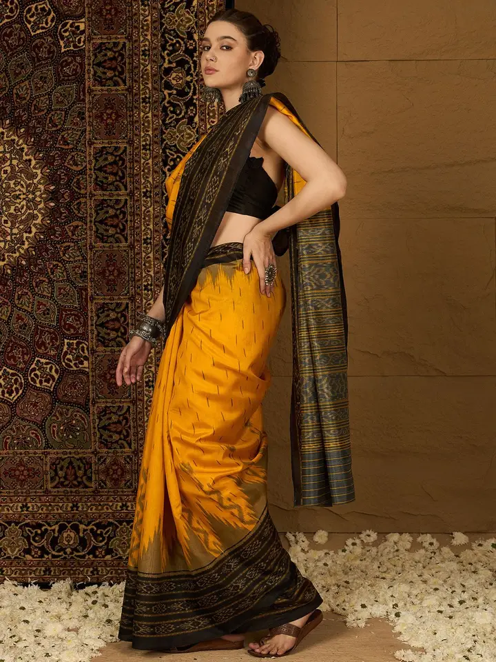 Saree mall Silk Blend Ikat Sarees, Yellow