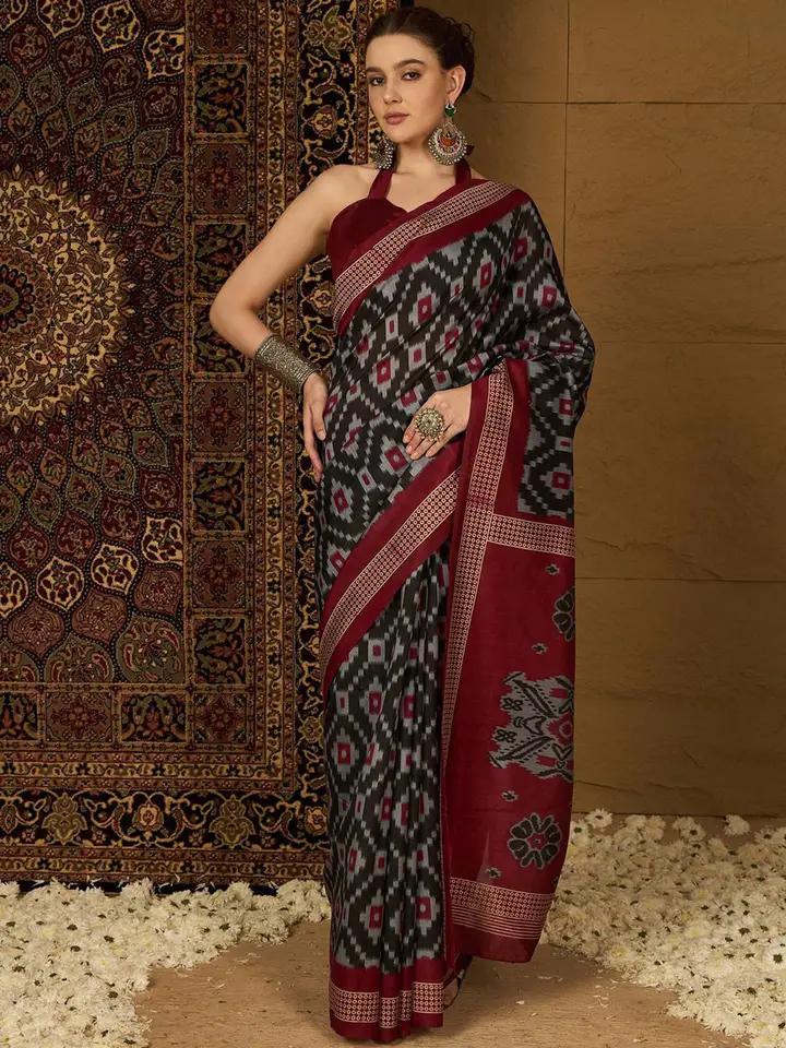 Saree mall Silk Blend Ikat Sarees, Black