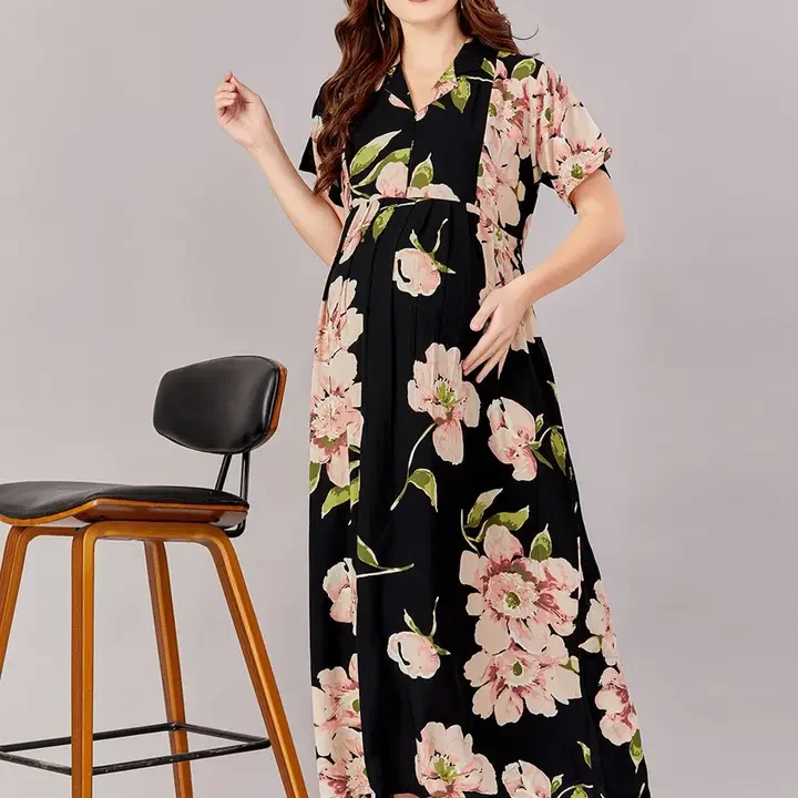 LOVELY MOM'S Women Floral Printed Maternity Fit & Flare Dress, Black