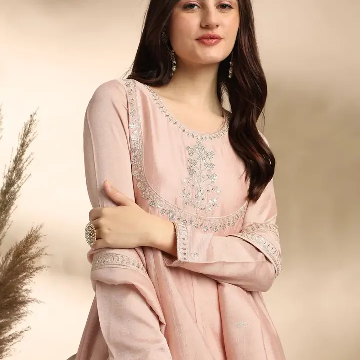 MOKOSH Women Silk Embroidered Anarkali Kurta And Pant With Dupatta Set, Rose