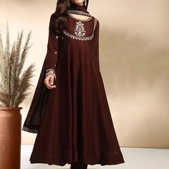 MOKOSH Women Silk Embroidered Anarkali Kurta And Pant With Dupatta Set, Brown
