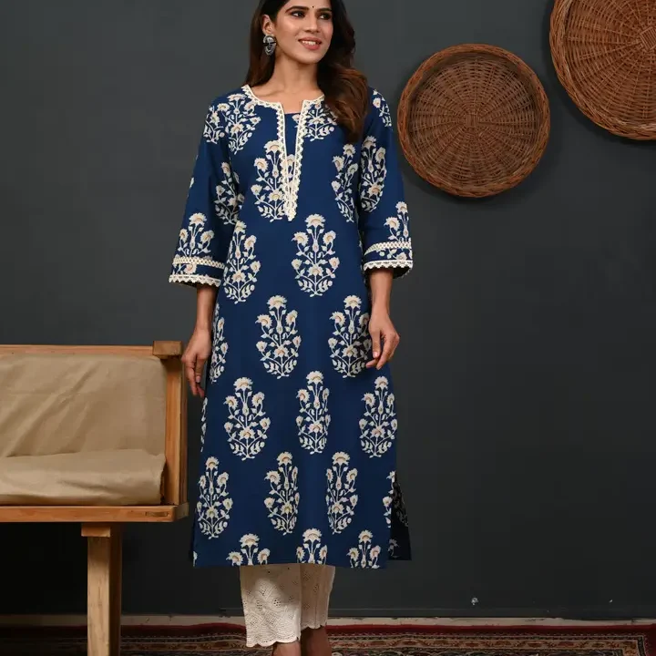 Rimeline Floral Printed Notch-Neck Straight Kurta, Blue