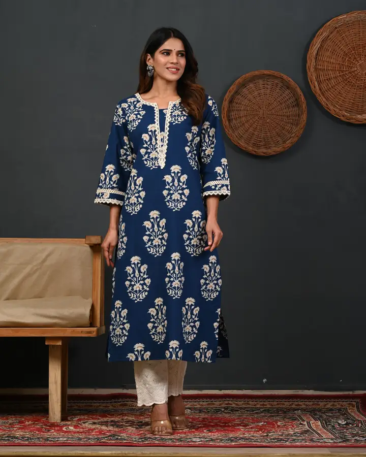 Rimeline Floral Printed Notch-Neck Straight Kurta, Blue