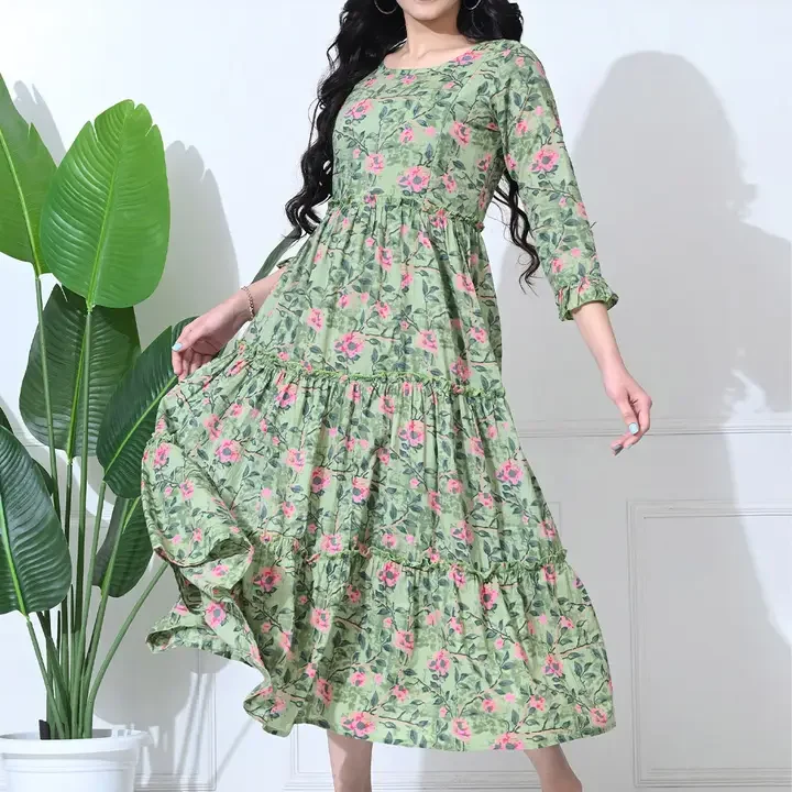 SILAKIVA Women Floral Printed Gathered or Pleated Cotton A-Line Maternity Midi Dress, Green