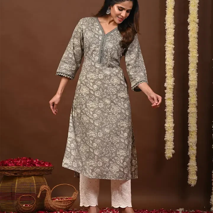 Rimeline Floral Printed V-Neck Pure Cotton Straight Kurtas, Grey