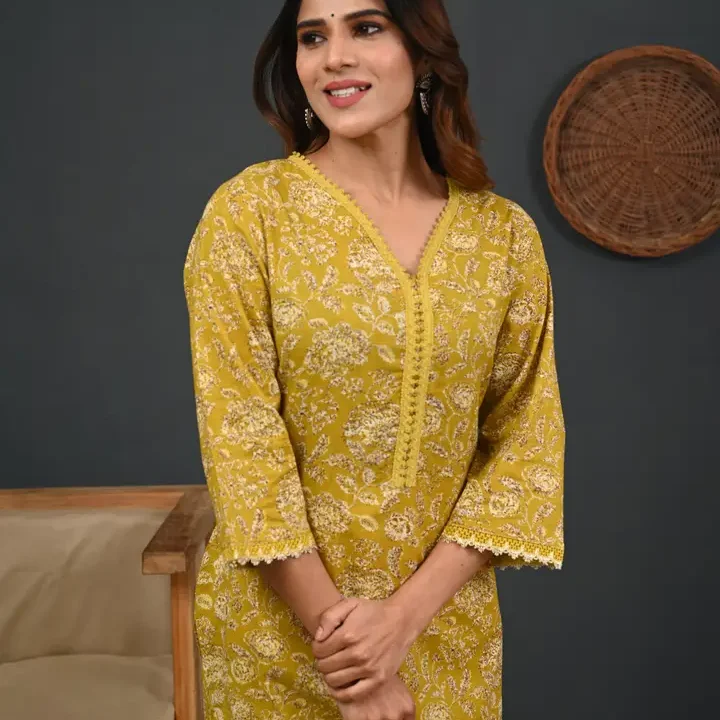 Rimeline Floral Printed V-Neck Pure Cotton Straight Kurtas, Mustard