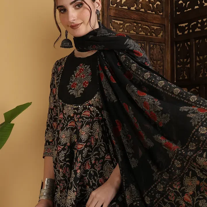 KIMAYRA Floral Printed Anarkali Pure Cotton Kurta With Palazzos And Dupatta, Black