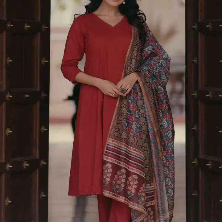 anayna Women Panelled Pure Cotton Kurta with Trousers & With Dupatta, Red