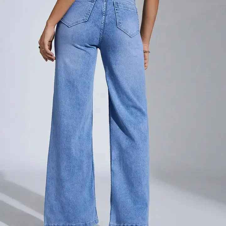 Miss Chase Women Wide Leg High-Rise Light Fade Stretchable Jeans, Blue