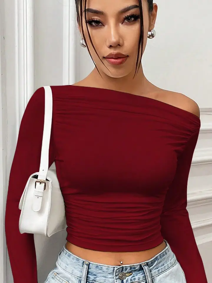 Istyle Can Women Solid Off-Shoulder Top, Maroon