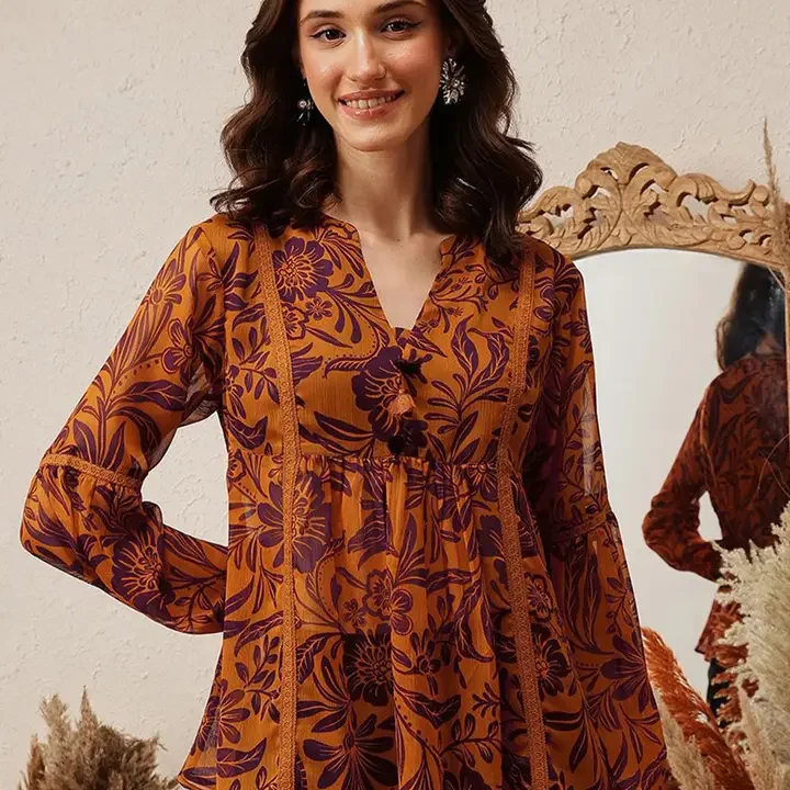 QUIERO Women Floral Printed V-Neck Empire Top, Mustard