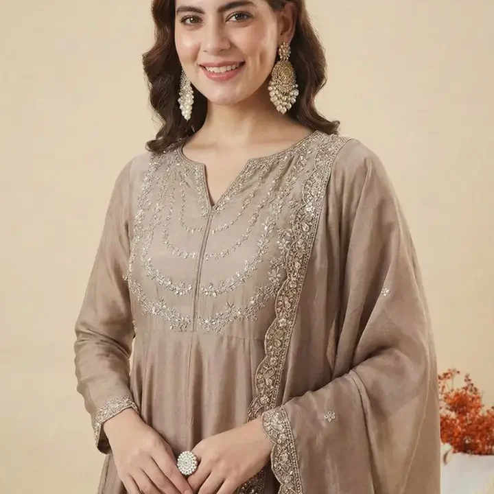 MOKOSH Women Silk Embroidered Anarkali Kurta And Pant Set With Dupatta, Beige